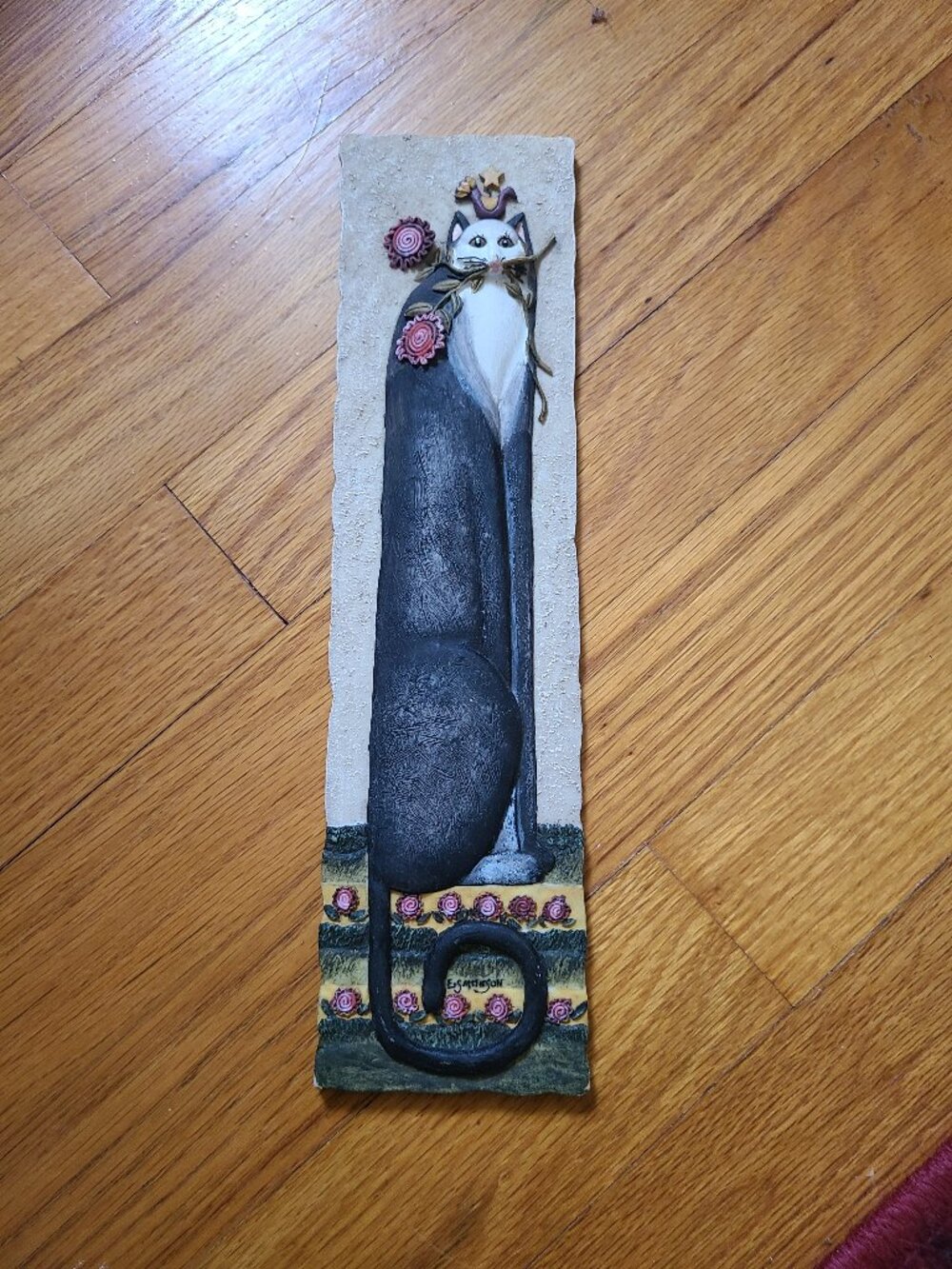 Vintage E Smithson Whimsical 3D Cat Plaque Kitty Floral Folk Wall Art 11 x 3